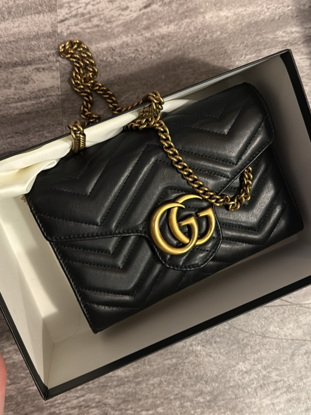 Gucci Black Quilted Leather Shoulder Bag with Gold GG Chain